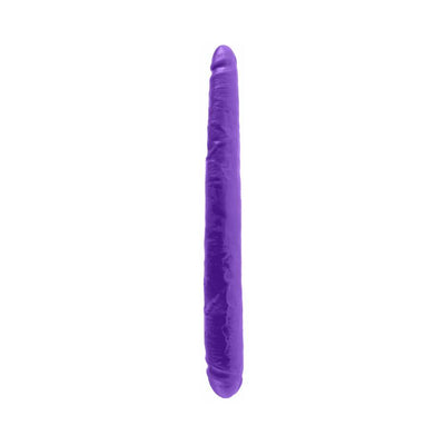 Purple double-ended dildo with realistic texture and sculpted heads, 16 inches long.