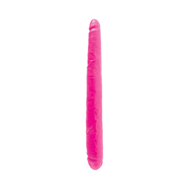 Purple double-ended dildo with realistic texture and sculpted heads on both ends against white background