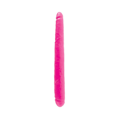 Purple double-ended dildo with realistic texture and sculpted heads on both ends against white background