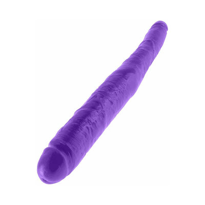 Purple double-ended dildo with realistic texture and sculpted heads, 16 inches long.