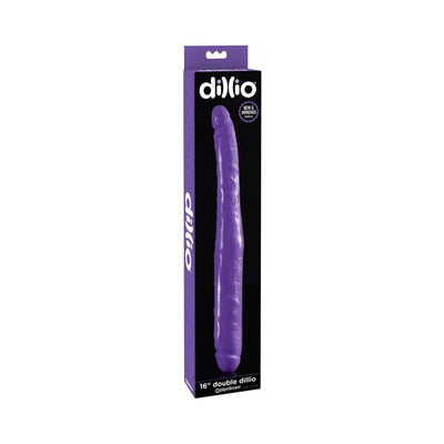 Purple 16-inch double-ended dildo in branded Dillio packaging with black and purple design