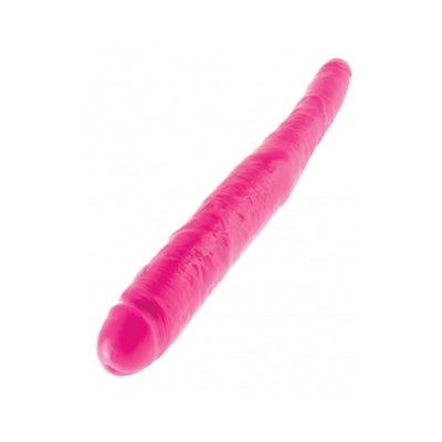 Pink double-ended dildo with realistic texture and sculpted heads, made from durable, body-safe material.