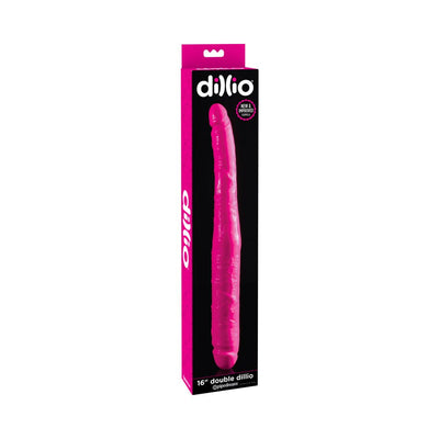 Packaging of Dillio Purple 16-inch double-ended dildo with bright pink and black design.