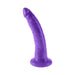 Purple curved silicone adult toy with textured surface and suction cup base for hands-free use.