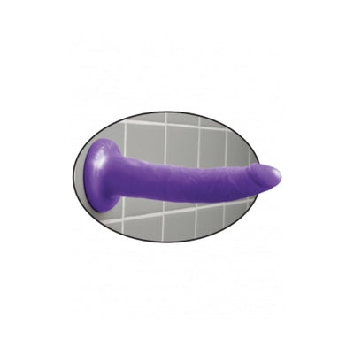 Purple slim dildo with tapered tip and suction cup base attached to tiled wall for hands-free use.