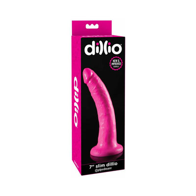 Packaging box of Dillio Slim 7 Purple with image of a slim, curved purple adult toy with suction-cup base.
