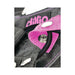 Close-up of Dillio Pur strap-on harness showing black silicone O-ring and pink adjustable strap with snap button.