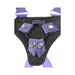 Close-up of Dillio Pur black strap-on harness with purple adjustable nylon straps and silicone O-ring.
