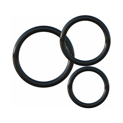 Set of three black silicone O-rings in varying sizes for strap-on harness compatibility and secure fit.