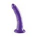 Purple 7-inch slim dildo with textured surface and flared base for strap-on harness use.
