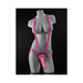 Gray mannequin wearing a pink adjustable strap-on harness with a 7-inch pink dildo attached.