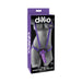 Packaging of Dillio Pur 7-inch strap-on suspender harness set with purple adjustable straps and included dildo.