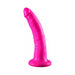 Bright pink 7-inch slim dildo with a curved shape and textured surface on a flat base.