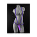 Gray mannequin wearing a purple adjustable strap-on harness with a 7-inch purple dildo attached.