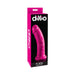 Packaging box of Dillio 8-inch purple dildo with suction base, featuring bold branding and product image on black and pink background.