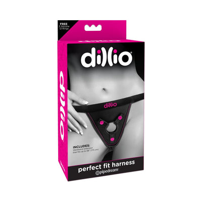 Packaging of Dillio Perfect Fit Harness in purple with adjustable straps and included waistband extension shown on front.
