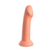 Smooth flesh-toned silicone dildo with a curved tip and strong suction cup base, standing upright on white background.