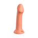 Smooth peach-colored silicone dildo with a strong suction cup base, 6 inches insertable length, designed for versatile use.