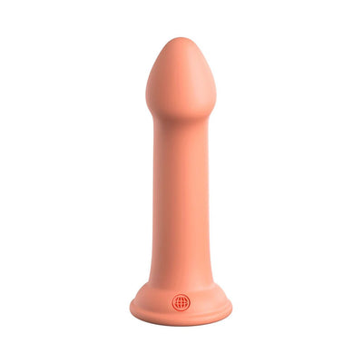 Smooth peach-colored silicone dildo with a strong suction cup base, standing upright on a white background.