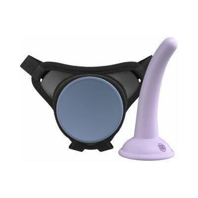 Dillio Platinum Body Dock SE pegging kit with black universal harness and lavender curved silicone dildo with suction cup base.