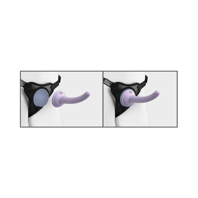 Side-by-side images of a black Body Dock SE harness with a lavender silicone dildo attached via suction cup on a white mannequin torso.