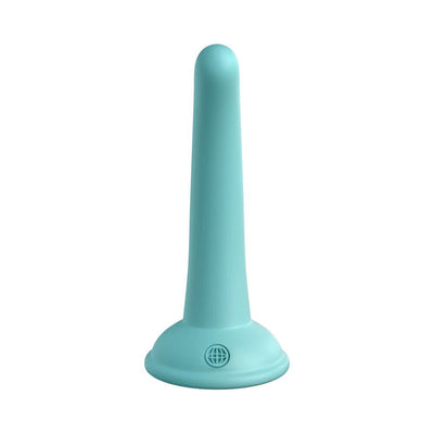 Light blue silicone dildo with a smooth surface and strong suction cup base, standing upright on white background.