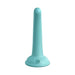 Light blue silicone dildo with a smooth surface and strong suction cup base, standing upright on white background.
