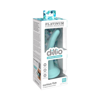 Dillio Platinum Curious Five 5-inch silicone dildo in light blue with suction base in retail packaging.