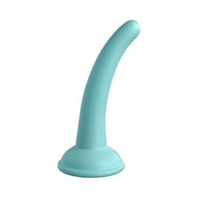 Curved light blue silicone dildo with strong suction cup base, 5 inches insertable length, smooth surface design.