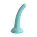 Curved light blue silicone dildo with strong suction cup base, 5 inches insertable length, smooth surface design.