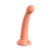Peach-colored silicone dildo with a curved shaft and suction cup base standing upright on white background.