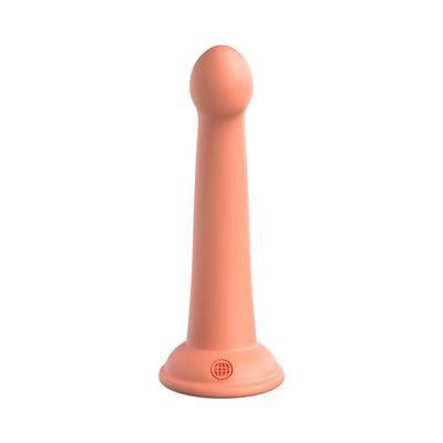 Peach-colored silicone dildo with a rounded tip and suction cup base, standing upright on a white background.