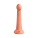 Peach-colored silicone dildo with a rounded tip and suction cup base, standing upright on a white background.