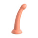 Peach-colored curved silicone dildo with a smooth surface and suction cup base, 6 inches long.