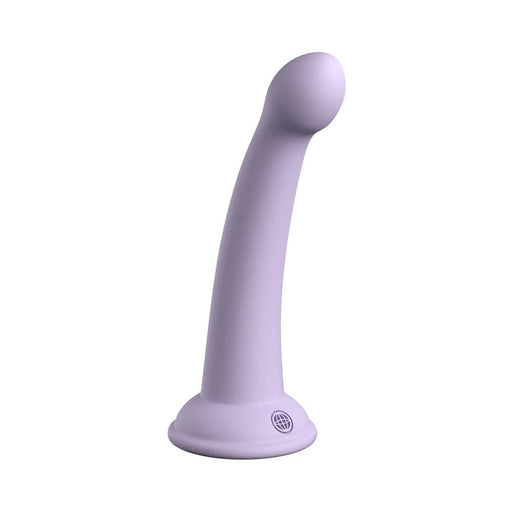 Purple curved silicone dildo with rounded tip and suction cup base standing upright on white background