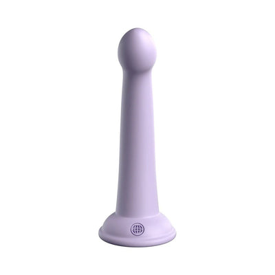 Purple silicone dildo with rounded tip and suction cup base, standing upright on white background.