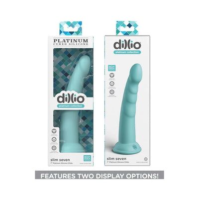 Dillio Platinum Slim Seven 7-inch silicone dildo in teal with suction cup base shown in two packaging display options.