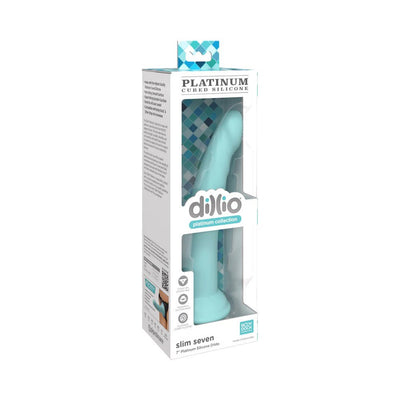 Dillio Platinum Slim Seven 7-inch silicone dildo in light blue with suction cup base, displayed in branded packaging.