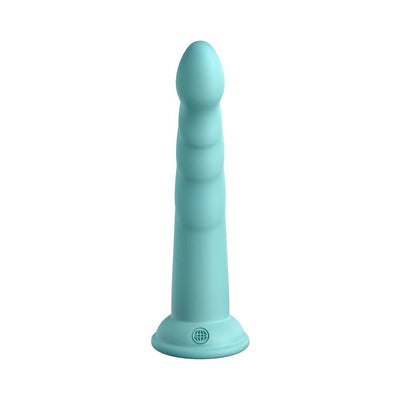 Light blue silicone dildo with a smooth, tapered tip and suction cup base, standing upright on white background.