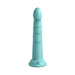 Light blue silicone dildo with a smooth, tapered tip and suction cup base, standing upright on white background.