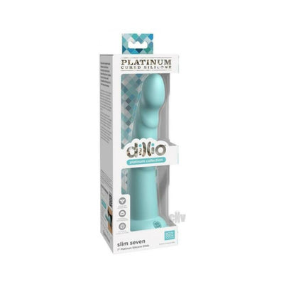 Dillio Platinum Slim Seven 7-inch silicone dildo in teal with suction cup base, displayed in branded packaging.