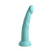 Light blue silicone dildo with a curved, textured shaft and a strong suction cup base.