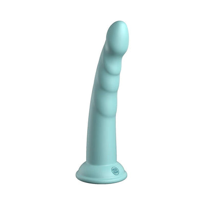 Light blue silicone dildo with a curved, textured shaft and suction cup base standing upright on white background.