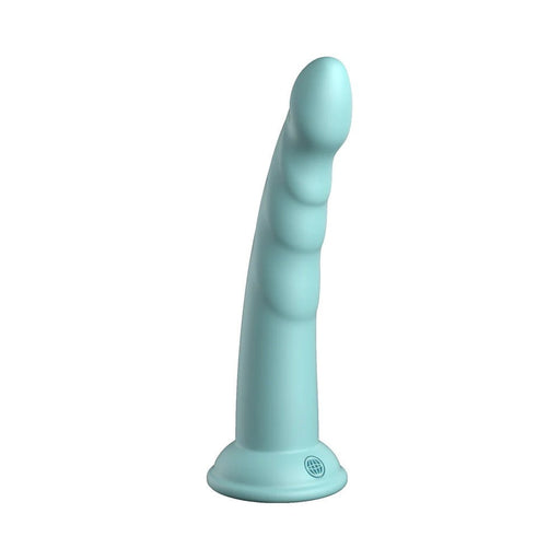 Light blue silicone dildo with a curved, textured shaft and suction cup base standing upright on white background.