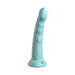 Light blue silicone dildo with a curved, textured shaft and suction cup base standing upright on white background.