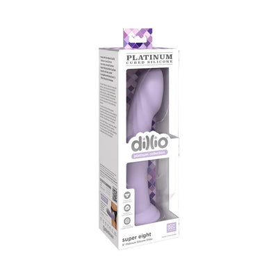 Dillio Platinum Super Eight 8-inch lavender silicone dildo in clear retail packaging with branding and product details.