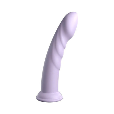 Light purple silicone dildo with curved shape, textured ridges, and suction cup base standing upright on white background.