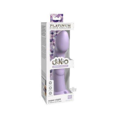 Dillio Platinum Super Eight 8-inch lavender silicone dildo in clear display box with purple geometric design.