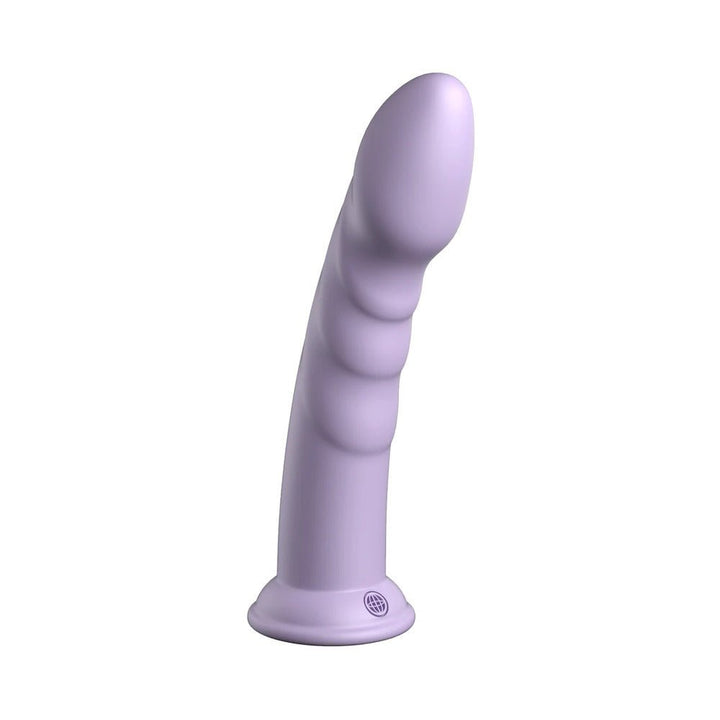 Lavender silicone dildo with textured shaft and suction cup base for hands-free use.