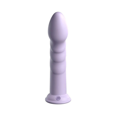 Light purple silicone dildo with a smooth, contoured shaft and suction cup base standing upright on white background.